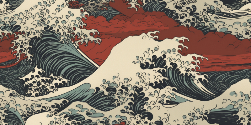 Detailed high contrast Japanese art painting of a huge wave