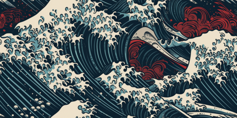 Detailed high contrast Japanese art painting of a huge wave