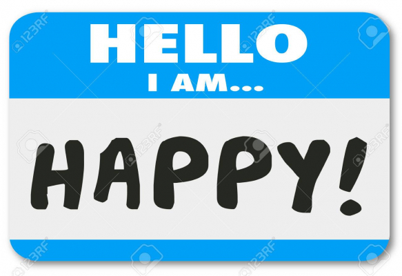 47475951 hello i am happy words written on a name tag sticker to introduce yourself as a satisfied or pleased