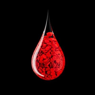 blood drop icon with cells on black 3d render concept for world blood donation day 3d illustration photo
