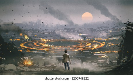 post apocalypse scene showing man 260nw 1200949222