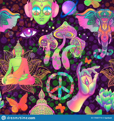 psychedelic seamless pattern trippy mushrooms peace sign acid buddha butterflies all seeing eye mandala psychedelic seamless