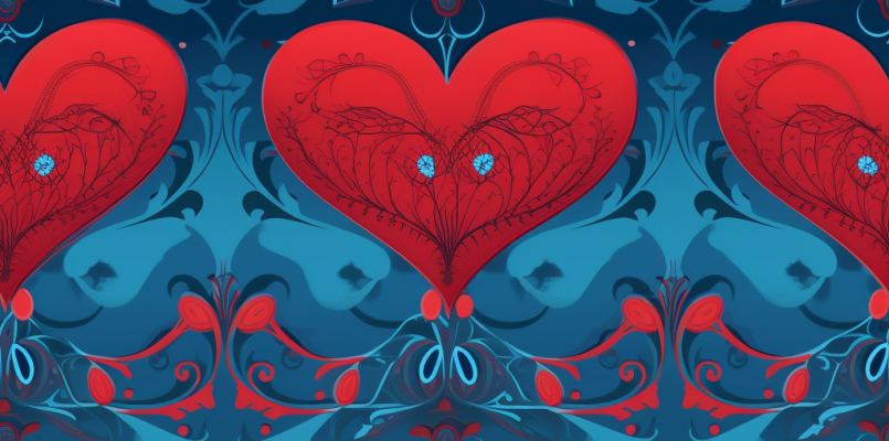 Two red hearts surrounded by intristic ornaments.