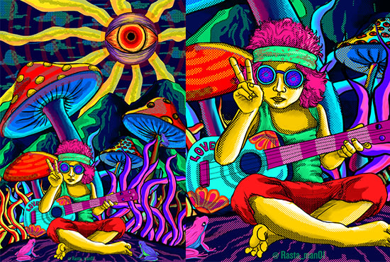 create colorful comic illustrations and trippy psychedelic art
